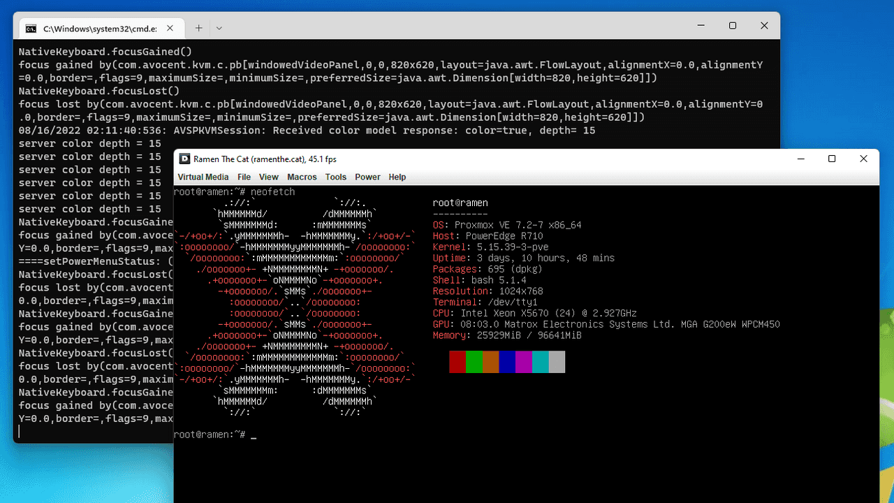 A screenshot of both Dell iDRAC6 LOM remote access terminal and the stdout of the software that powers the terminal.
The access window currently displays a picture of the Proxmox system information, printed out with neofetch.
