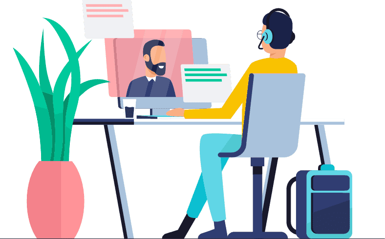 Worker at computer chatting remotely